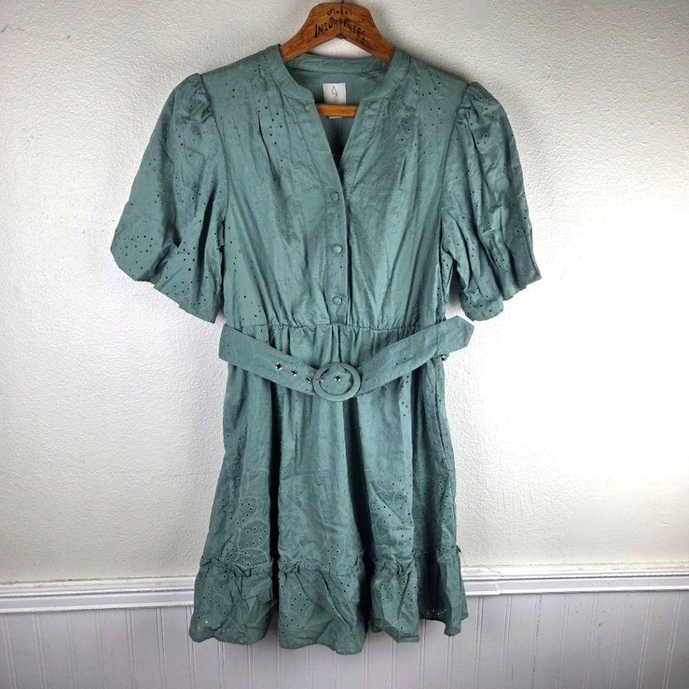 Joie NWOT Mint Green Foral Embossed Eyelet Short Mini Cotton Dress Size Small